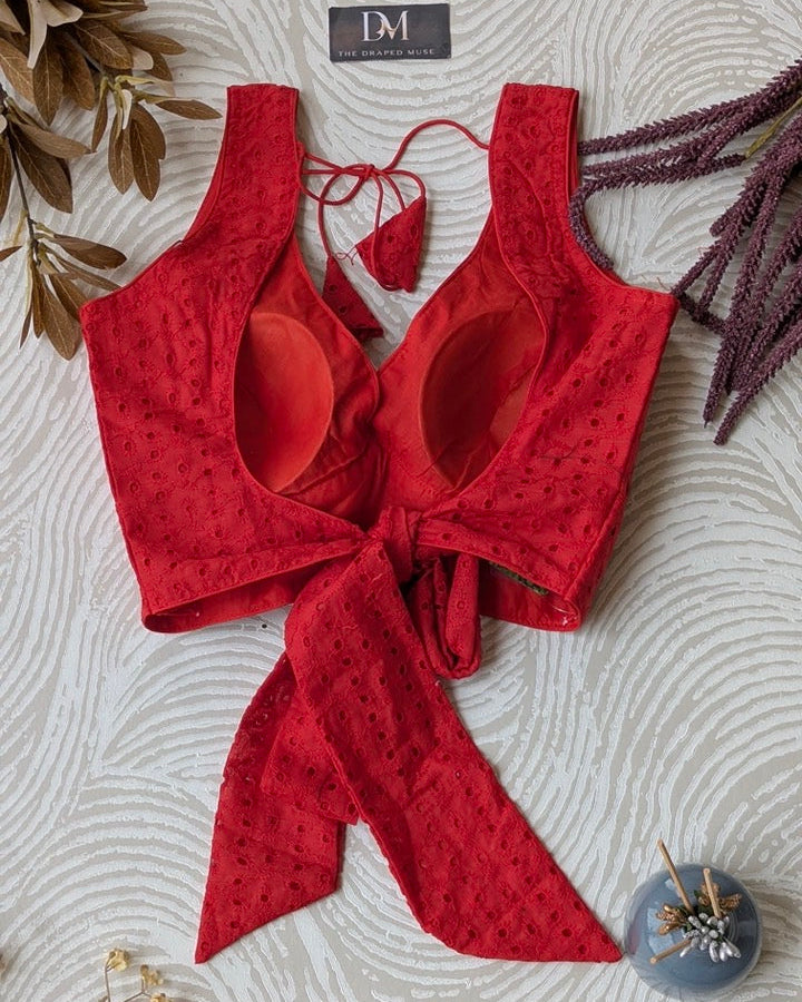 Red Hakoba Cotton Blouse - Readymade Saree Blouse