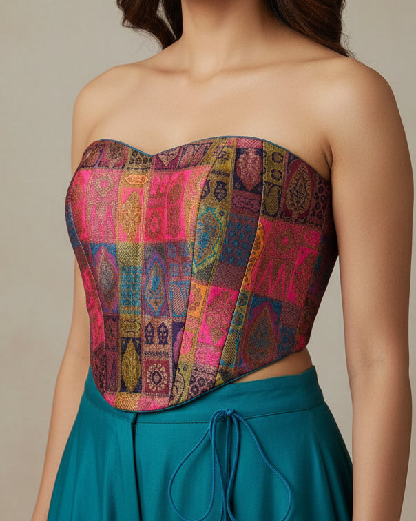 Blue Silk Woven Banarasi Corset Blouse - Readymade Saree Blouse