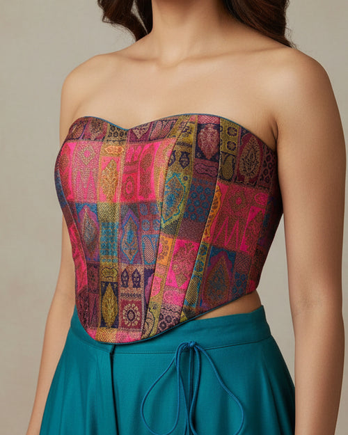Blue Silk Woven Banarasi Corset Blouse - Readymade Saree Blouse