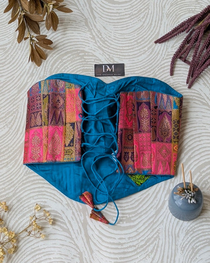 Blue Silk Woven Banarasi Corset Blouse - Readymade Saree Blouse