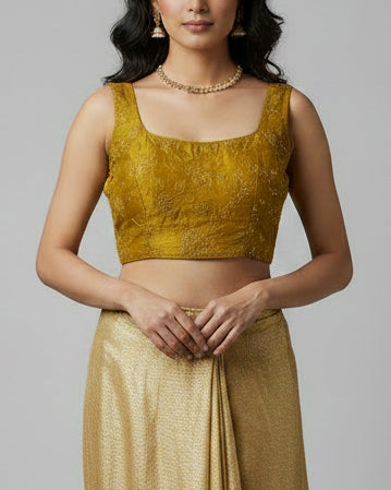 Yellow Self Embroidered Satin Blouse - Readymade Saree Blouse