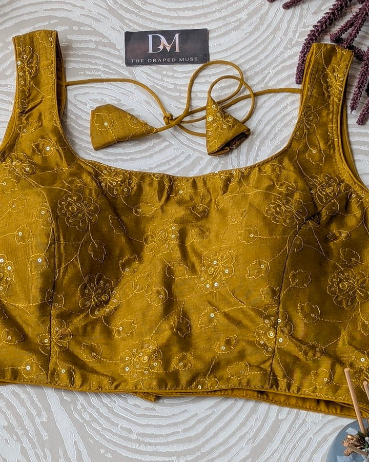 Yellow Self Embroidered Satin Blouse - Readymade Saree Blouse