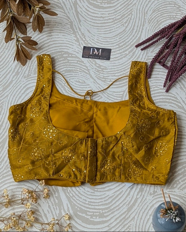 Yellow Self Embroidered Satin Blouse - Readymade Saree Blouse