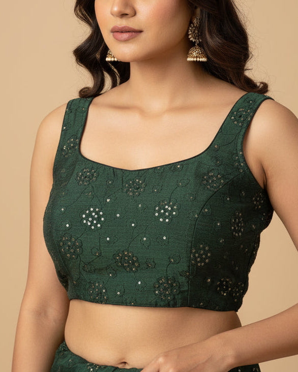 Green Self Embroidered Satin Blouse - Readymade Saree Blouse