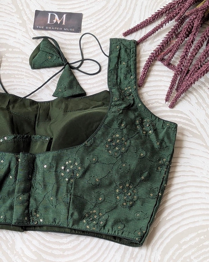 Green Self Embroidered Satin Blouse - Readymade Saree Blouse
