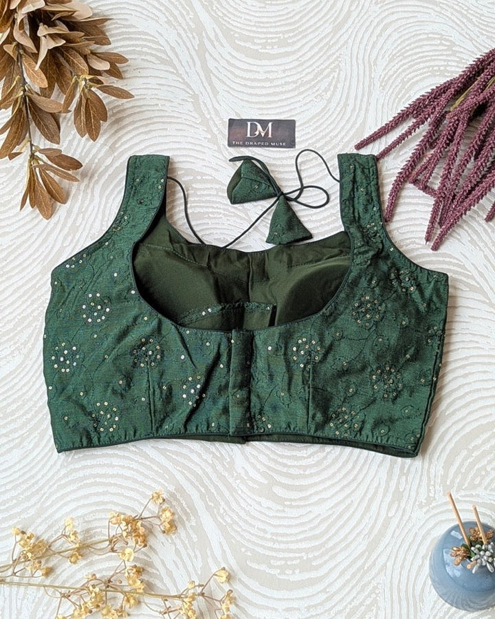 Green Self Embroidered Satin Blouse - Readymade Saree Blouse