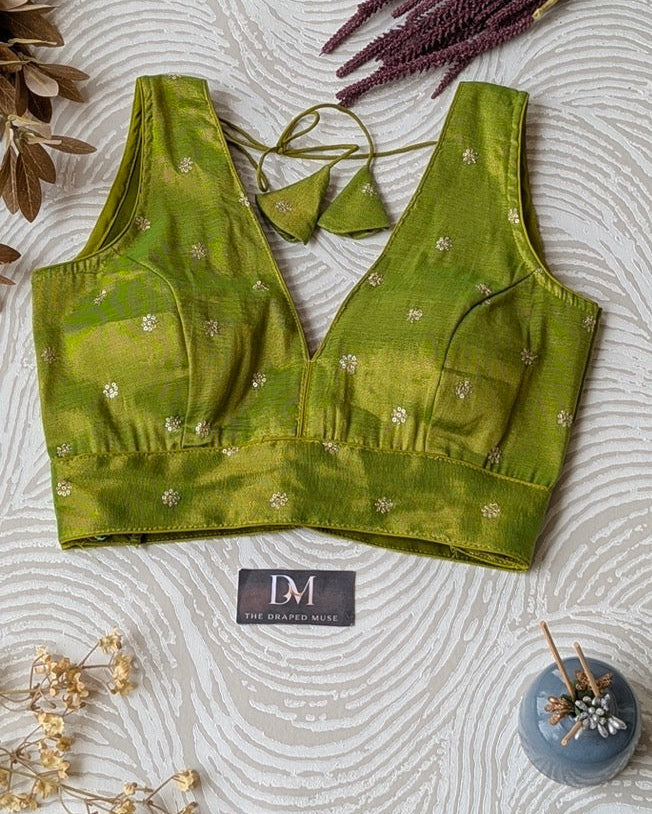 Green Sequins Work Tissue Silk Blouse - Readymade Saree Blouse