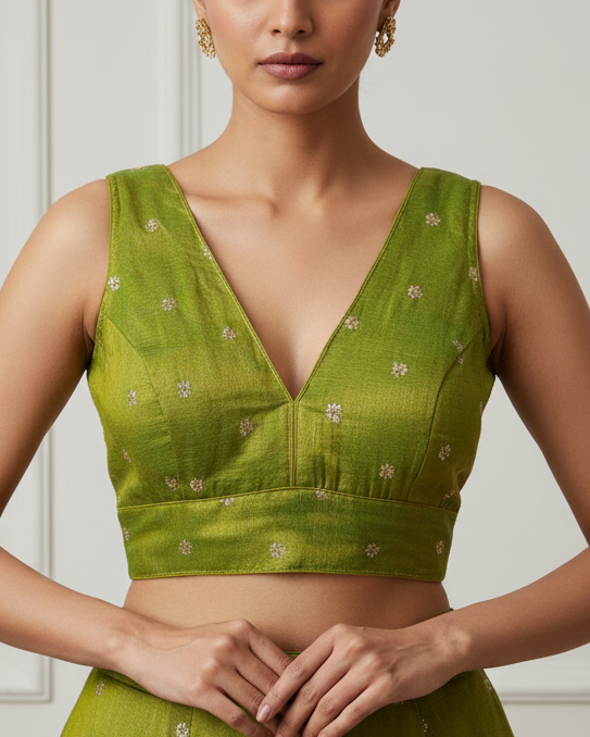 Green Sequins Work Tissue Silk Blouse - Readymade Saree Blouse