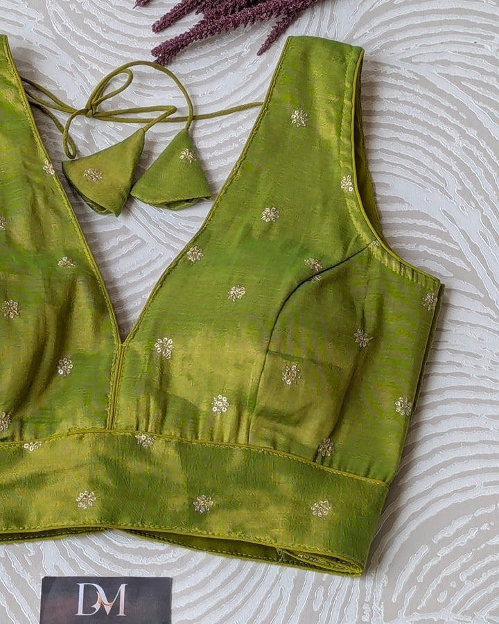 Green Sequins Work Tissue Silk Blouse - Readymade Saree Blouse