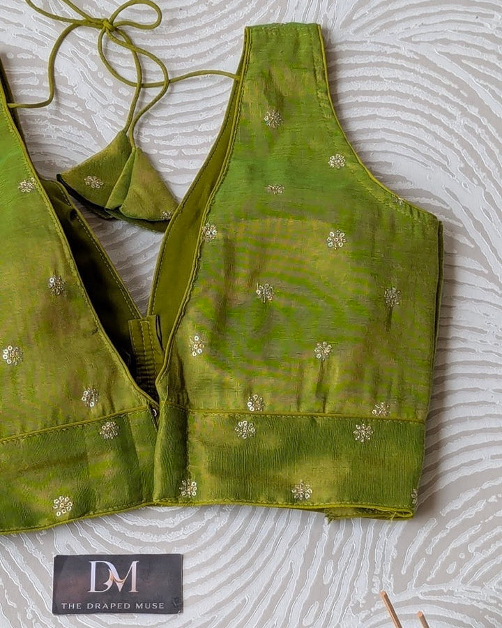 Green Sequins Work Tissue Silk Blouse - Readymade Saree Blouse
