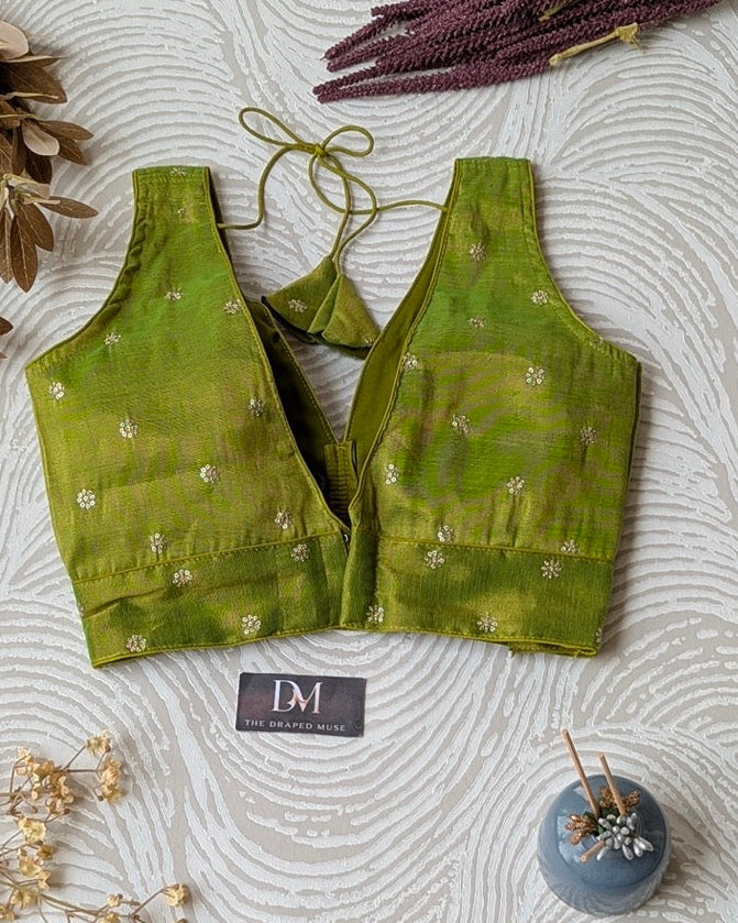 Green Sequins Work Tissue Silk Blouse - Readymade Saree Blouse