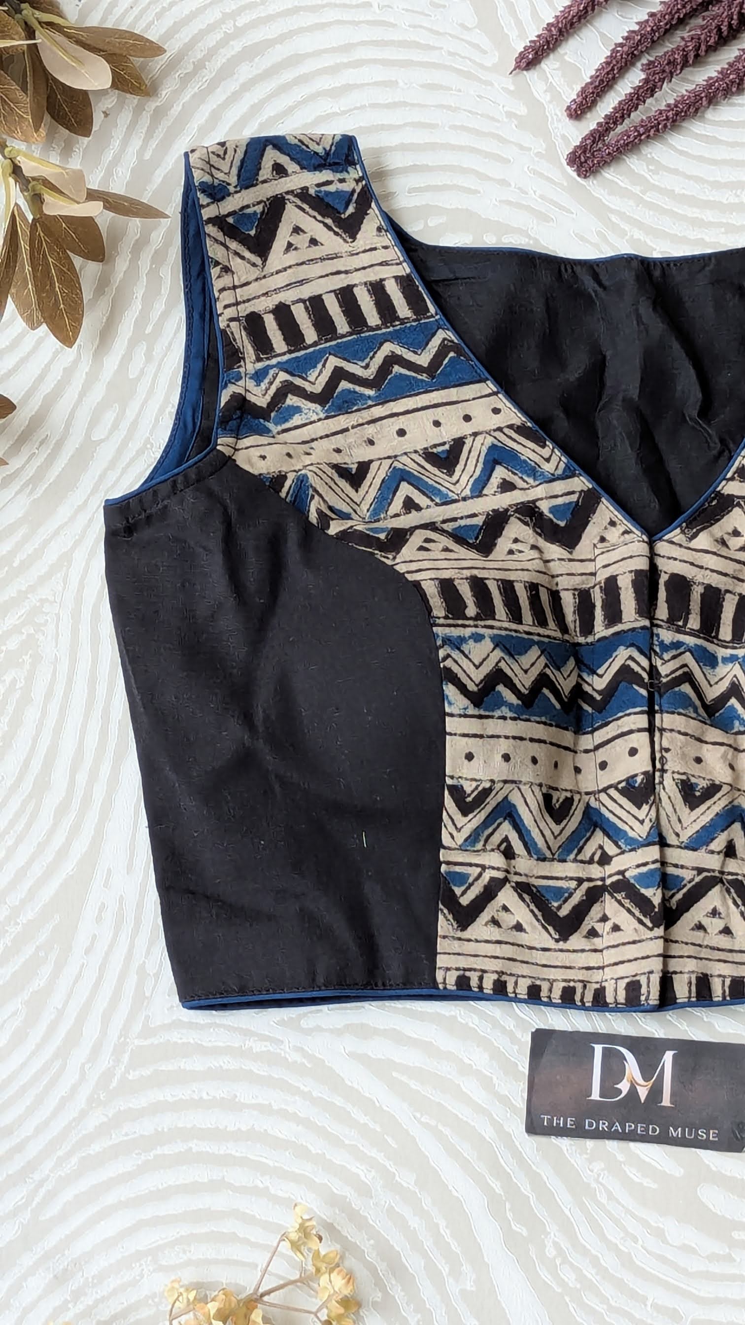 Black Kalamkari Cotton Blouse - Readymade Saree Blouse