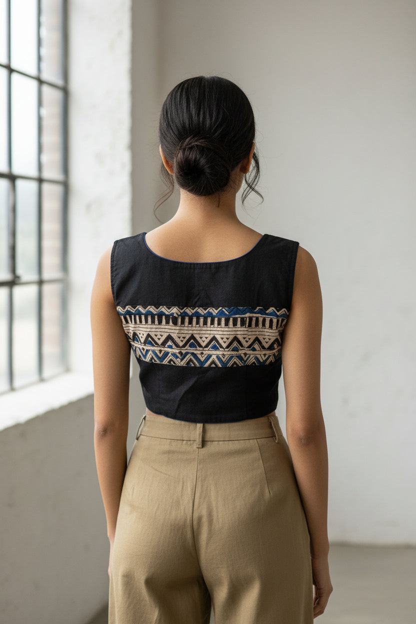 Black Kalamkari Cotton Blouse - Readymade Saree Blouse