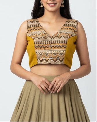 Yellow Kalamkari Cotton Blouse - Readymade Saree Blouse