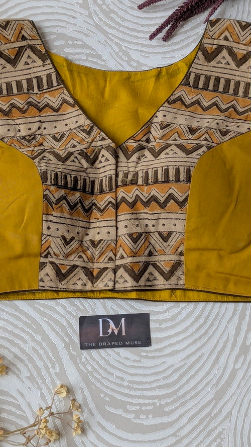 Yellow Kalamkari Cotton Blouse - Readymade Saree Blouse