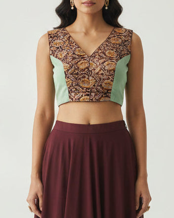 Pastel Green and Kalamkari Cotton Blouse - Readymade Saree Blouse