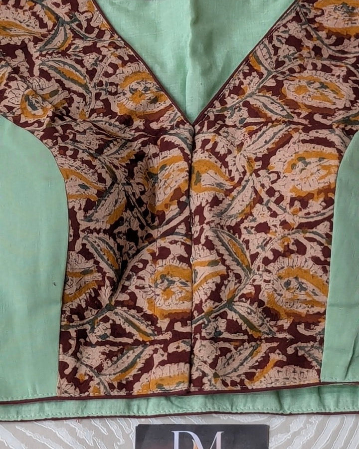 Pastel Green and Kalamkari Cotton Blouse - Readymade Saree Blouse