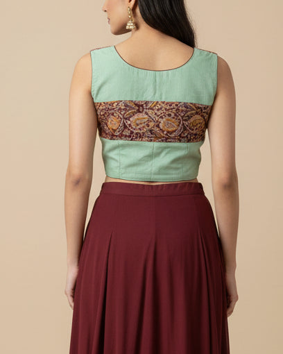 Pastel Green and Kalamkari Cotton Blouse - Readymade Saree Blouse