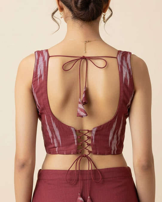 Maroon Ikkat Cotton Blouse - Readymade Saree Blouse