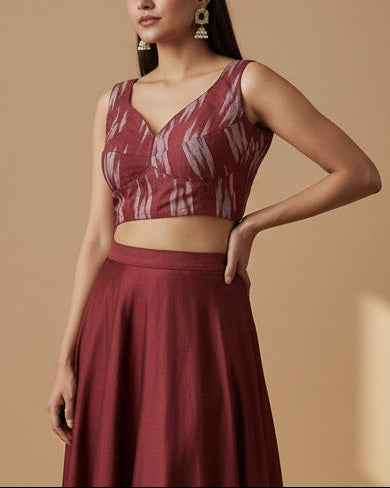 Maroon Ikkat Cotton Blouse - Readymade Saree Blouse