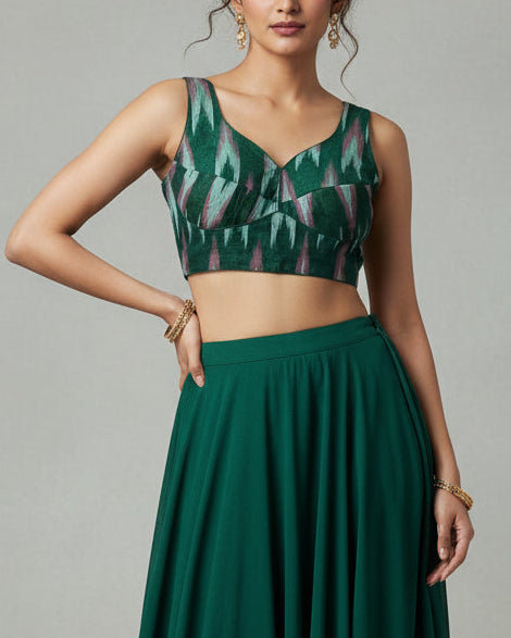 Green Ikkat Cotton Blouse - Readymade Saree Blouse