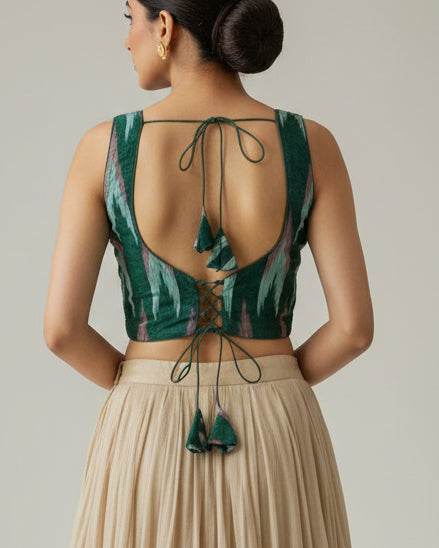 Green Ikkat Cotton Blouse - Readymade Saree Blouse