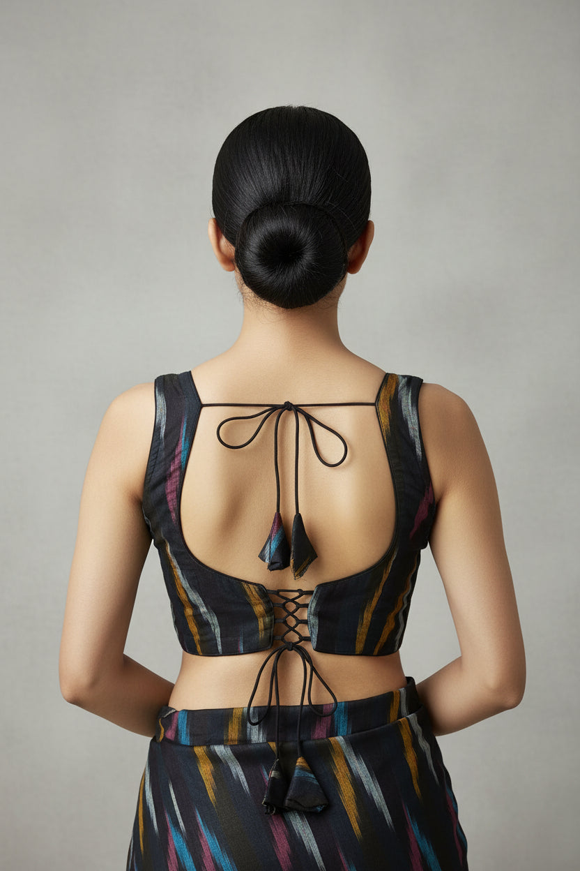 Black Ikkat Cotton Blouse - Readymade Saree Blouse