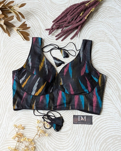 Black Ikkat Cotton Blouse - Readymade Saree Blouse
