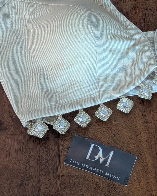 Off White Golden Zari Design Tissue Silk Blouse - Readymade Saree Blouse