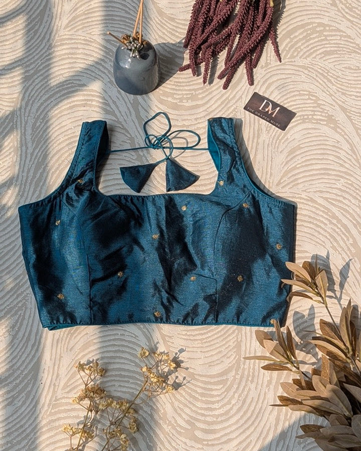 Blue Embroidered Art Silk Blouse - Readymade Saree Blouse