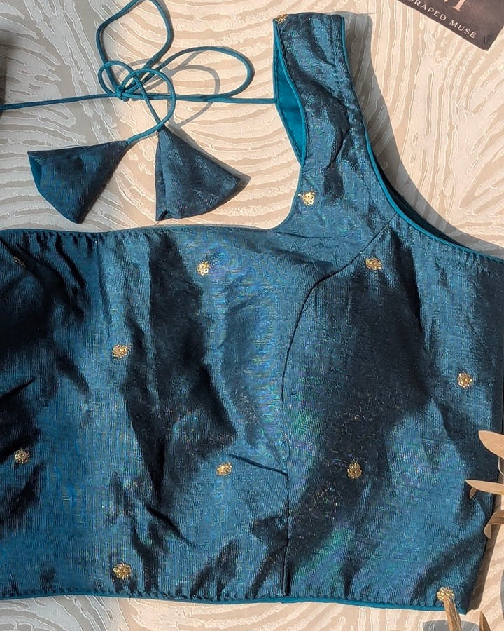 Blue Embroidered Art Silk Blouse - Readymade Saree Blouse