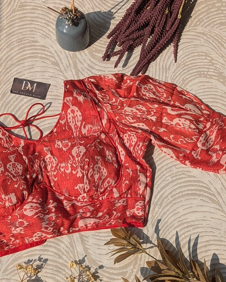 Red Digital Print Rayon Blouse - Readymade Saree Blouse