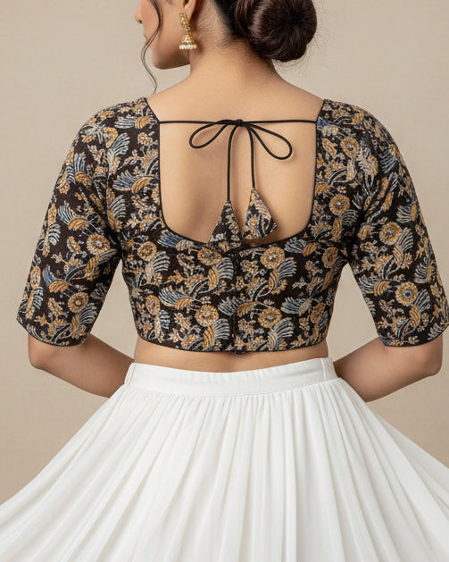 Black Kalamkari Blouse for Office and Casual Wear - Readymade Saree Blouse