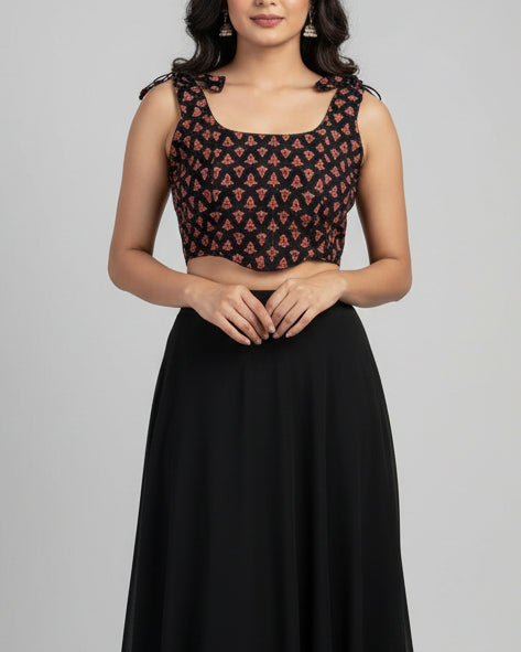 Black and Red Ajrakh Cotton Corset Blouse - Readymade Saree Blouse