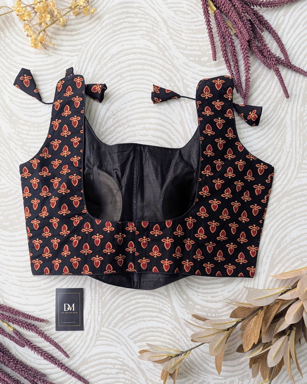 Black and Red Ajrakh Cotton Corset Blouse - Readymade Saree Blouse