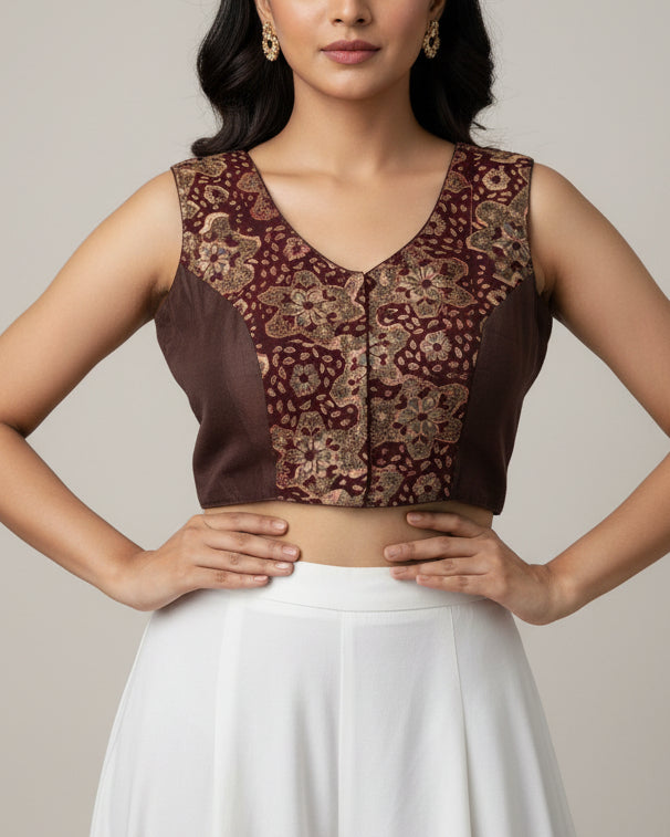 Brown Kalamkari Cotton Blouse - Readymade Saree Blouse