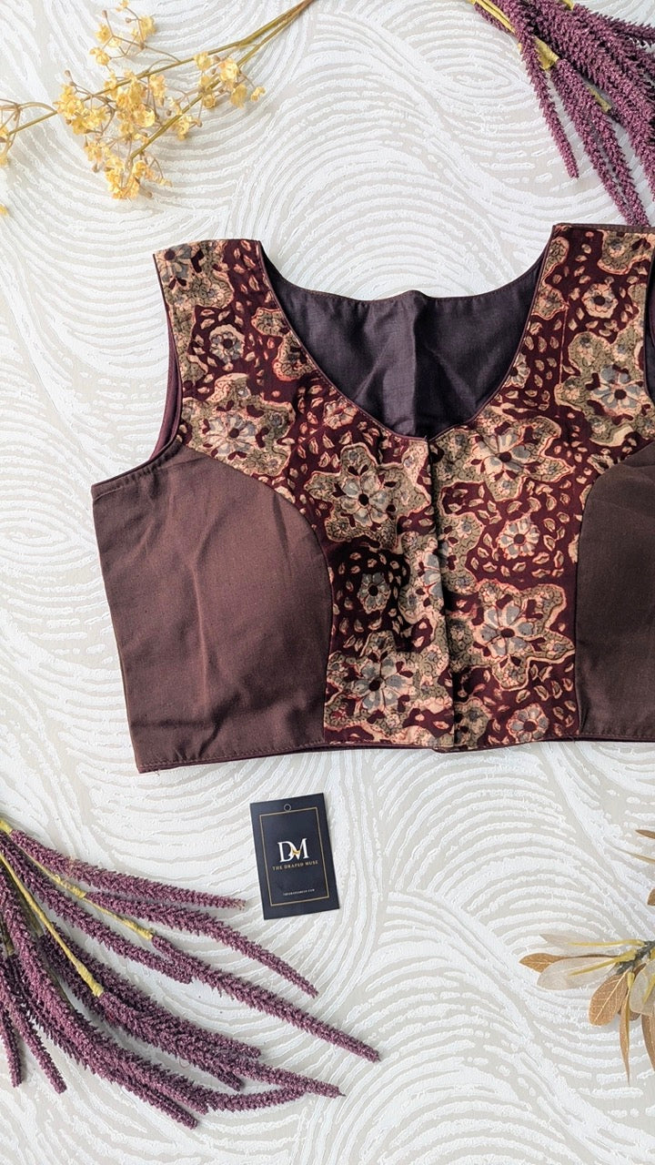 Brown Kalamkari Cotton Blouse - Readymade Saree Blouse