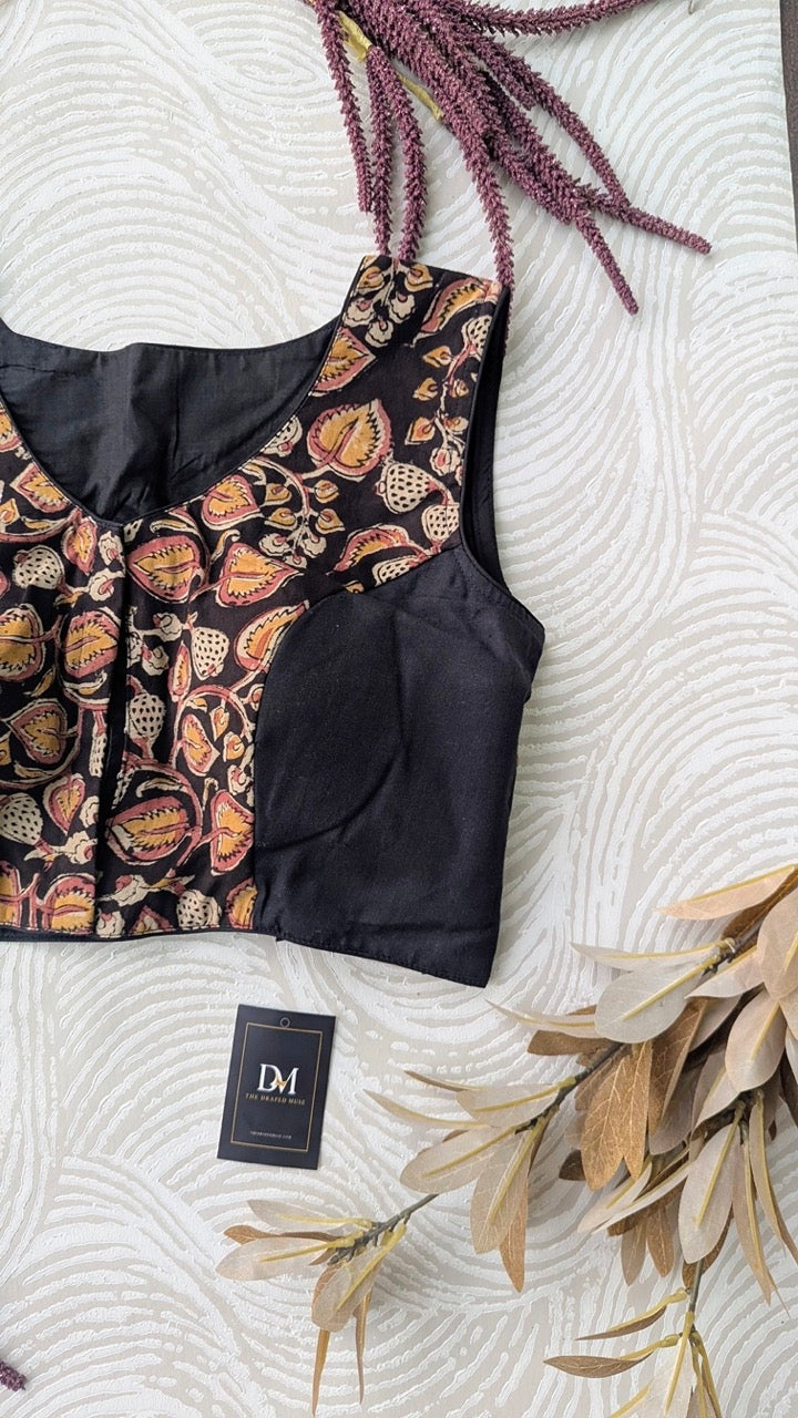 Black Kalamkari Cotton Blouse - Readymade Saree Blouse