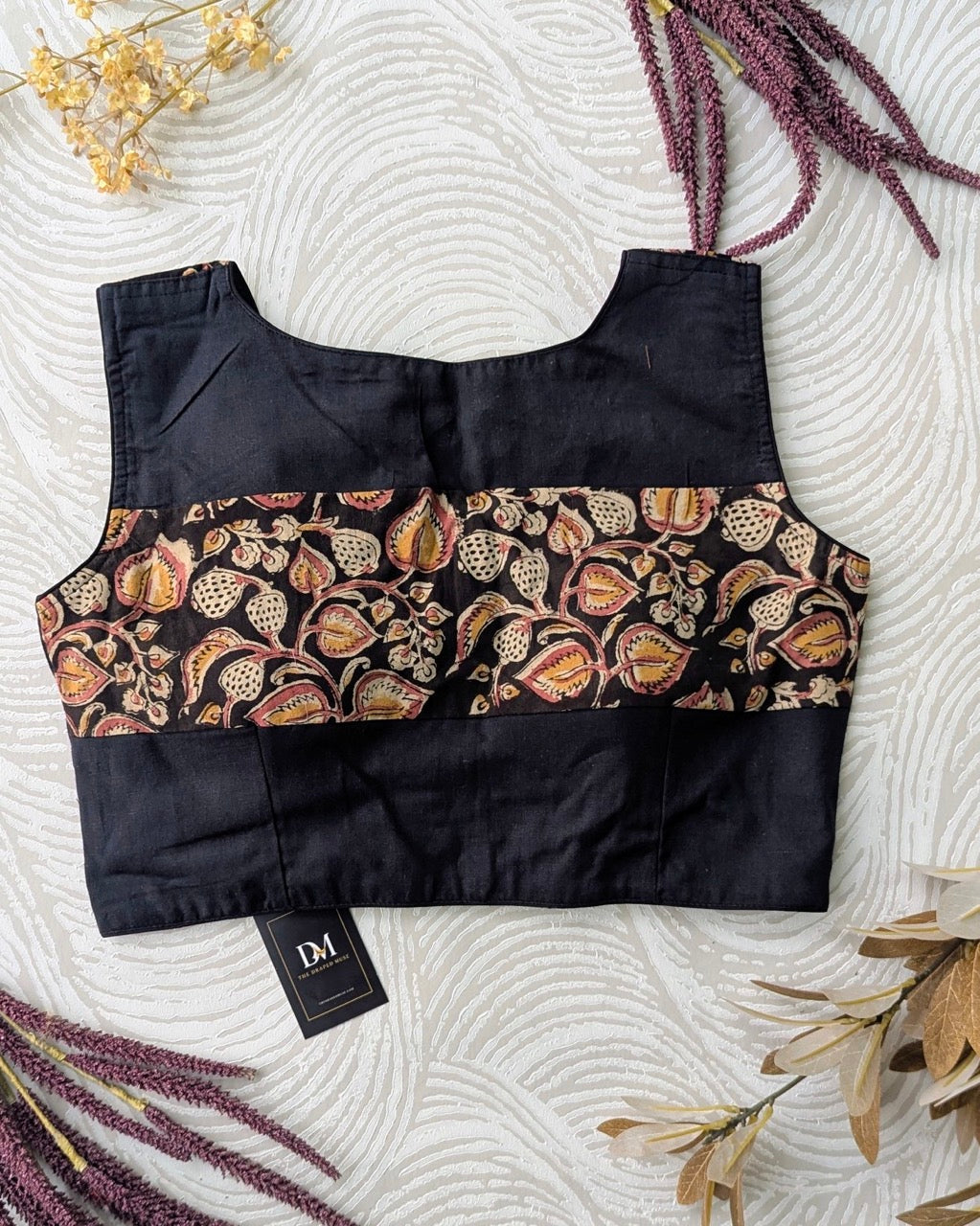 Black Kalamkari Cotton Blouse - Readymade Saree Blouse