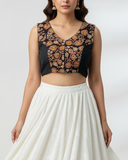 Black Kalamkari Cotton Blouse - Readymade Saree Blouse