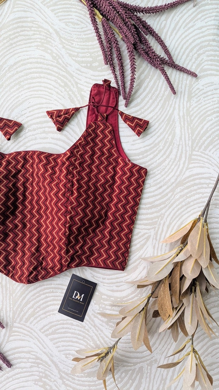 Red Ajrakh Cotton Corset Blouse - Readymade Saree Blouse