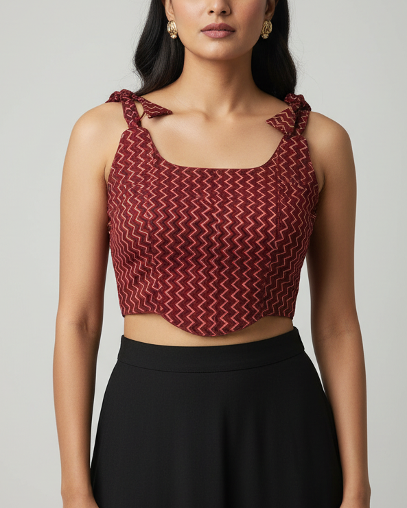 Red Ajrakh Cotton Corset Blouse - Readymade Saree Blouse