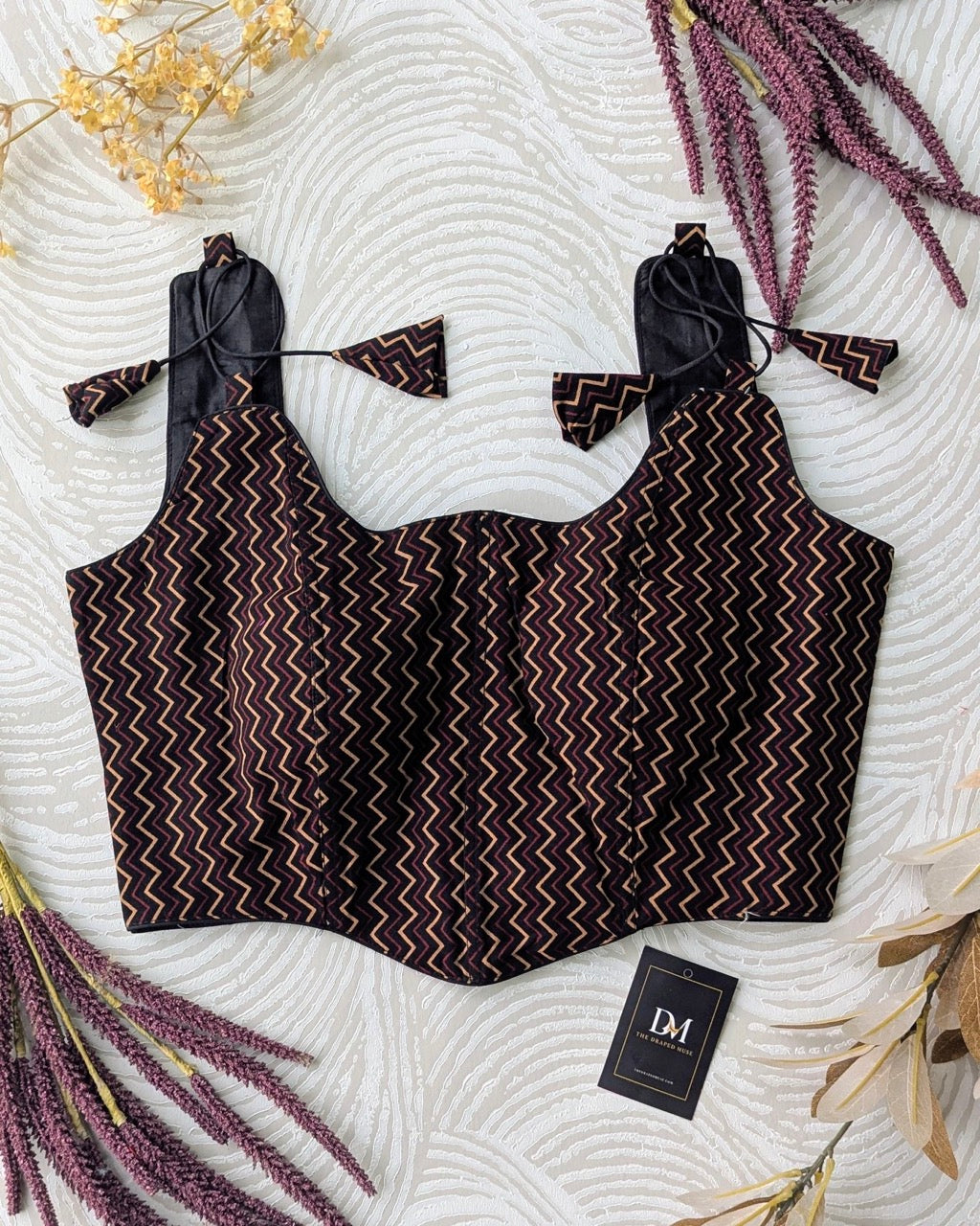 Black Ajrakh Cotton Corset Blouse - Readymade Saree Blouse