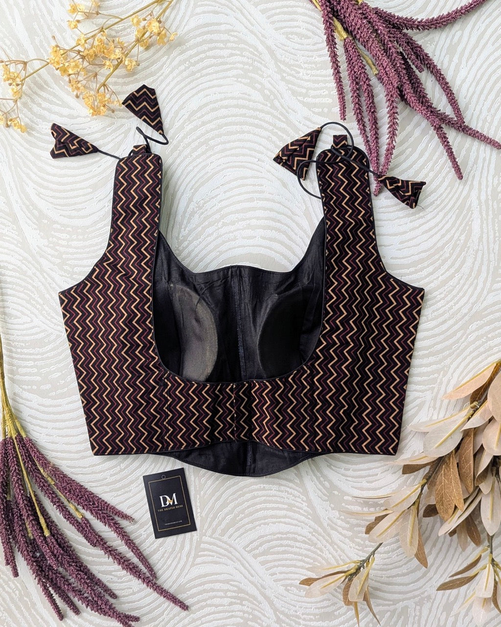 Black Ajrakh Cotton Corset Blouse - Readymade Saree Blouse
