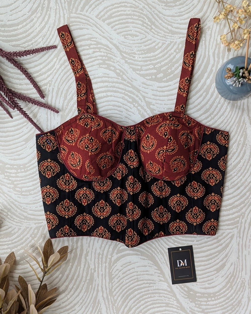 Red and Black Ajrakh Cotton Corset Blouse - Readymade Saree Blouse