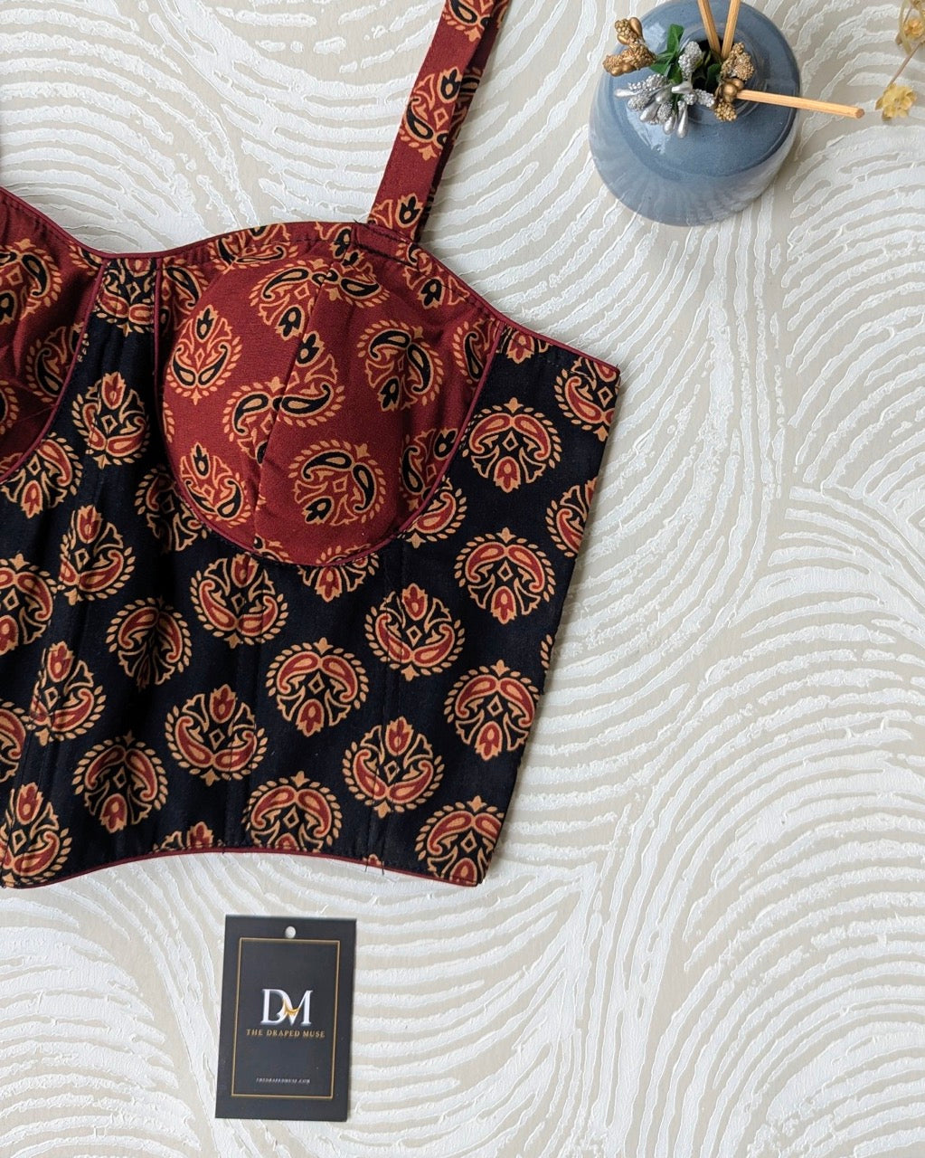 Red and Black Ajrakh Cotton Corset Blouse - Readymade Saree Blouse
