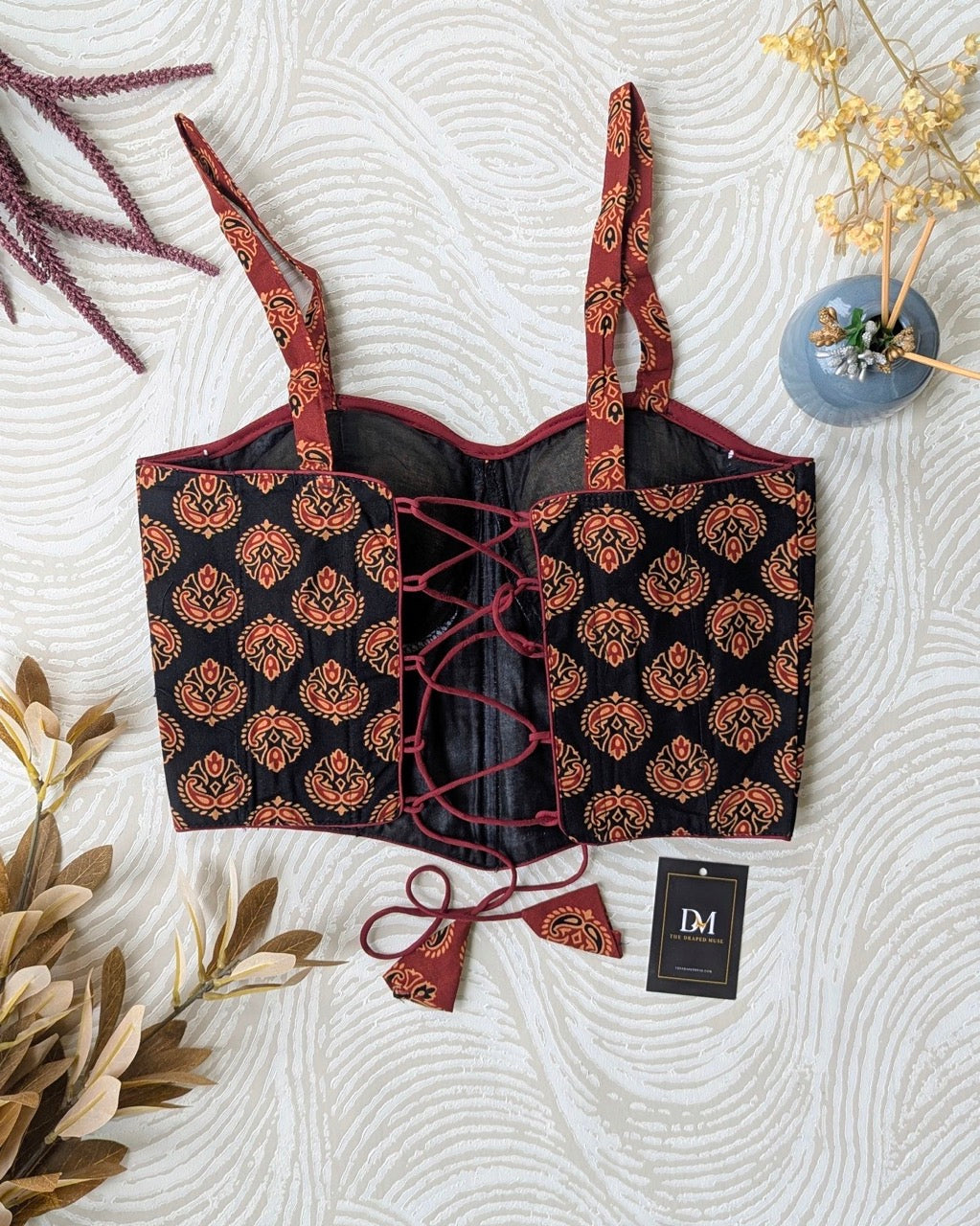 Red and Black Ajrakh Cotton Corset Blouse - Readymade Saree Blouse