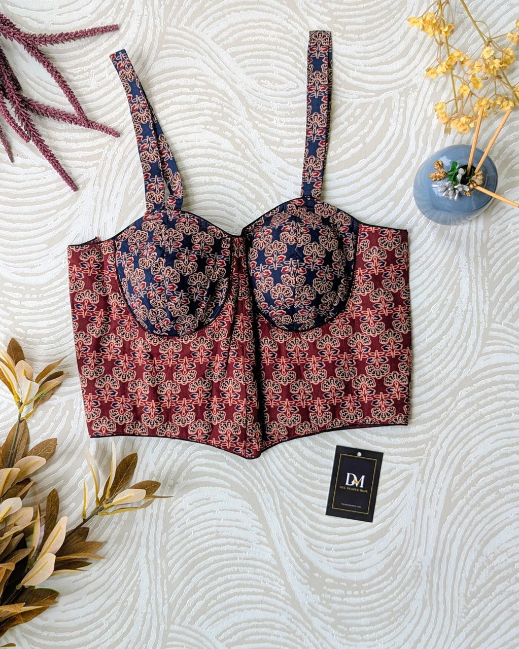 Maroon and Blue Ajrakh Cotton Corset Blouse - Readymade Saree Blouse