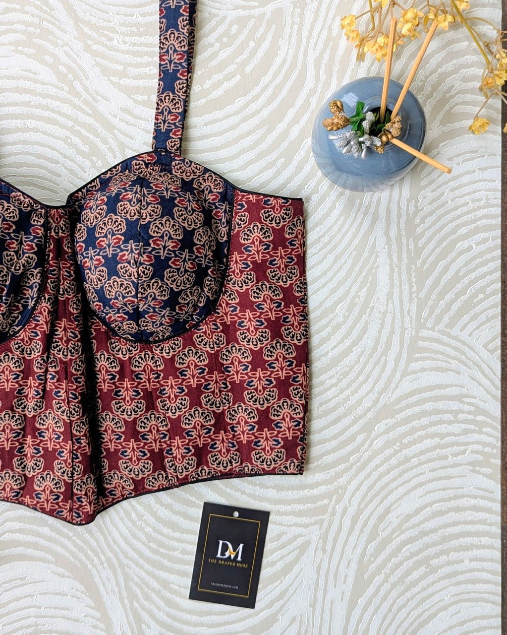 Maroon and Blue Ajrakh Cotton Corset Blouse - Readymade Saree Blouse