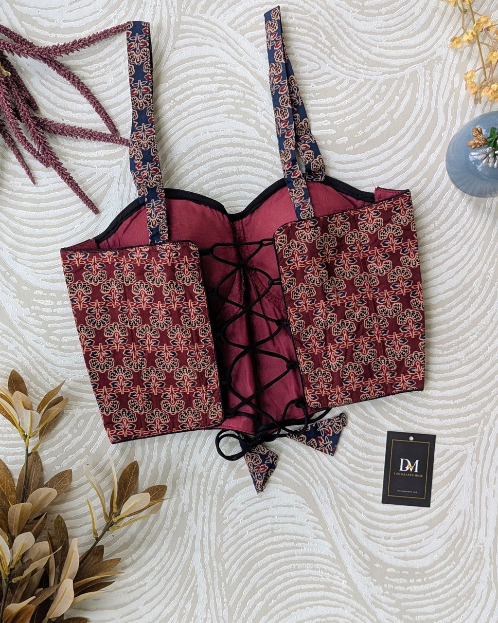 Maroon and Blue Ajrakh Cotton Corset Blouse - Readymade Saree Blouse
